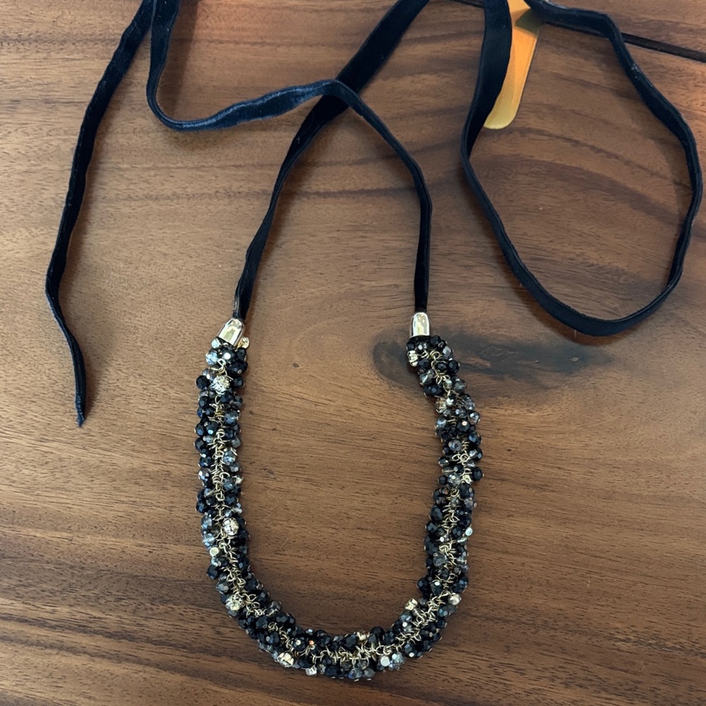 Black and Gold Beaded Velvet Tie Necklace